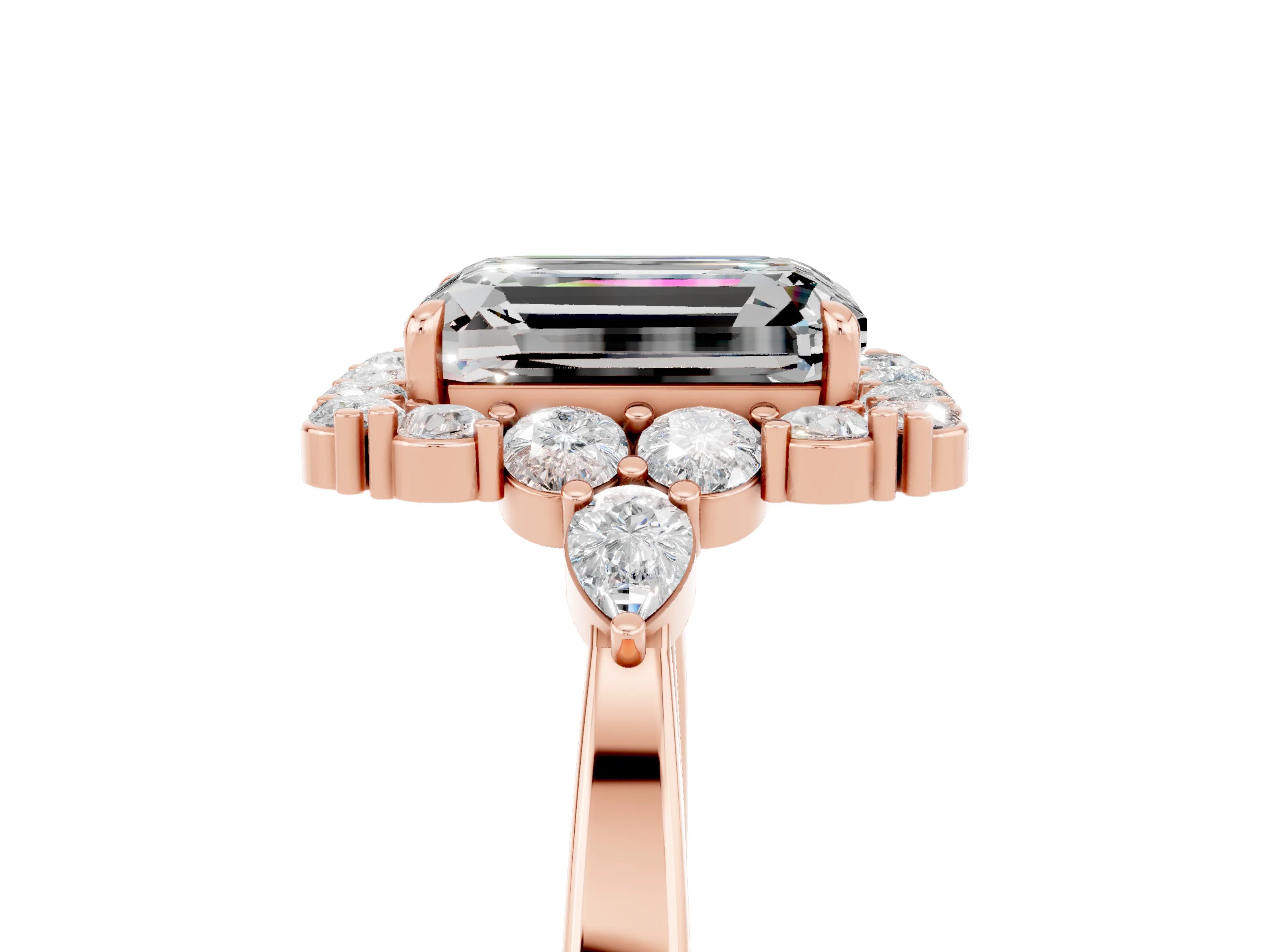 Rose gold Emerald Cut Moissanite Halo Ring with Pear Side Stones and Prong Setting_17