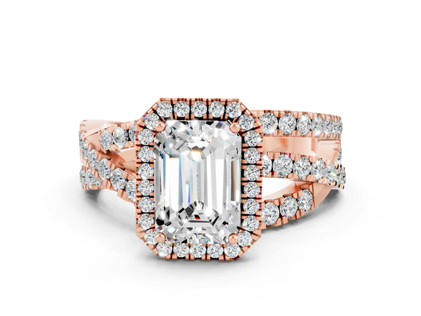 Rose gold Emerald Cut Moissanite Halo Ring with Round Split Shank and Prong Setting