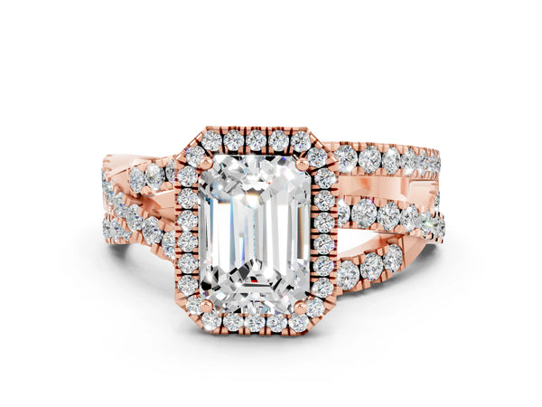 Rose gold Emerald Cut Moissanite Halo Ring with Round Split Shank and Prong Setting