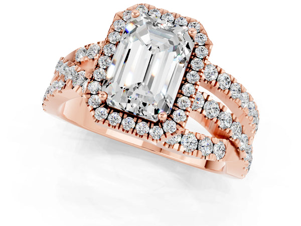 Rose gold Emerald Cut Moissanite Halo Ring with Round Split Shank and Prong Setting
