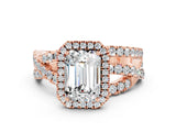 Rose gold Emerald Cut Moissanite Halo Ring with Round Split Shank and Prong Setting_65