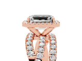 Rose gold Emerald Cut Moissanite Halo Ring with Round Split Shank and Prong Setting_70