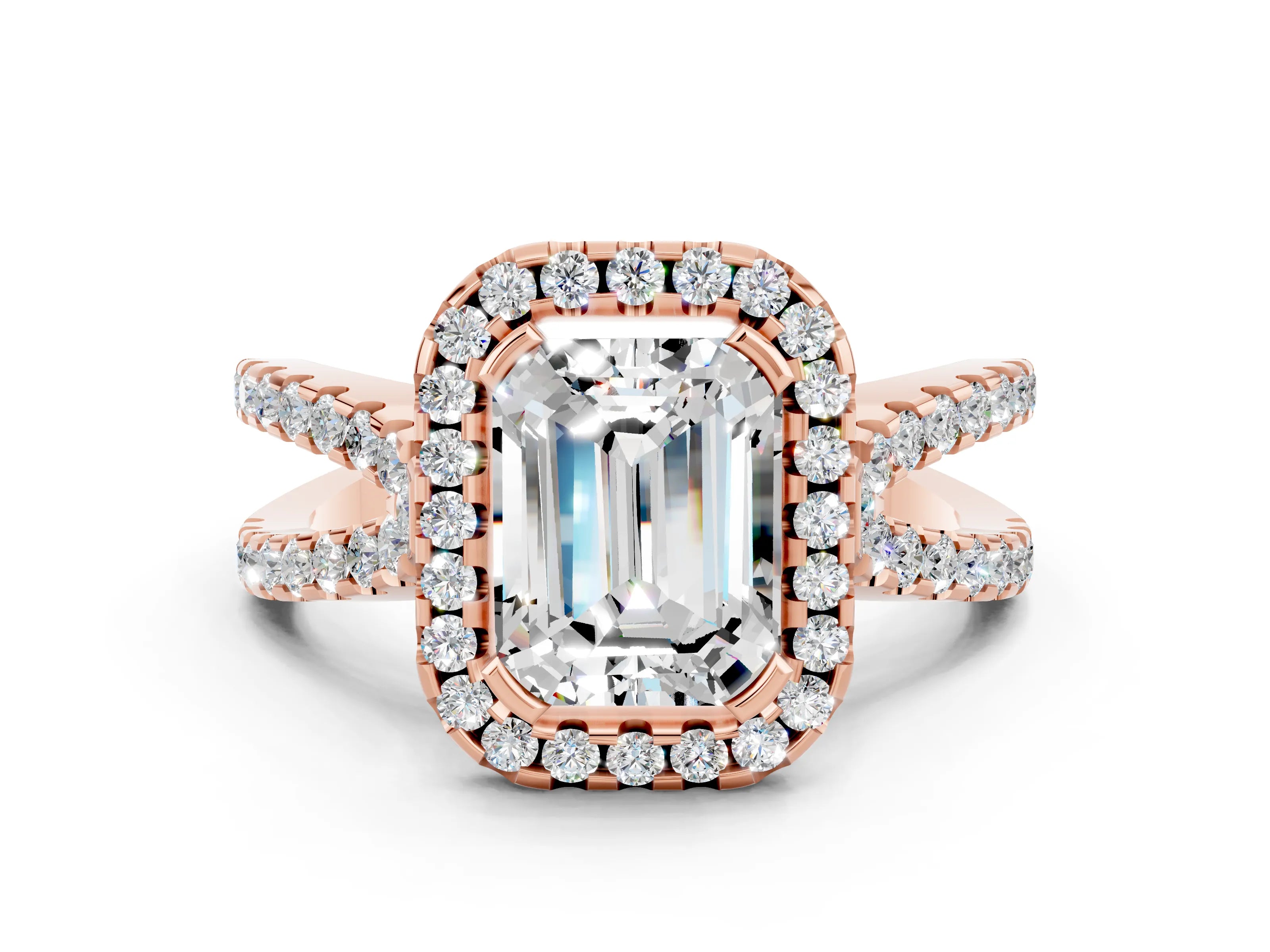 Rose gold Emerald Cut Moissanite Halo Ring with Split Shank Pavé Band and Prong Setting