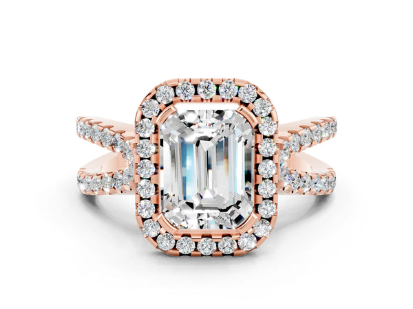 Rose gold Emerald Cut Moissanite Halo Ring with Split Shank Pavé Band and Prong Setting
