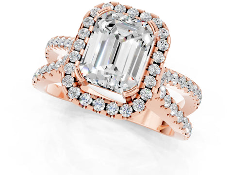 Rose gold Emerald Cut Moissanite Halo Ring with Split Shank Pavé Band and Prong Setting_1