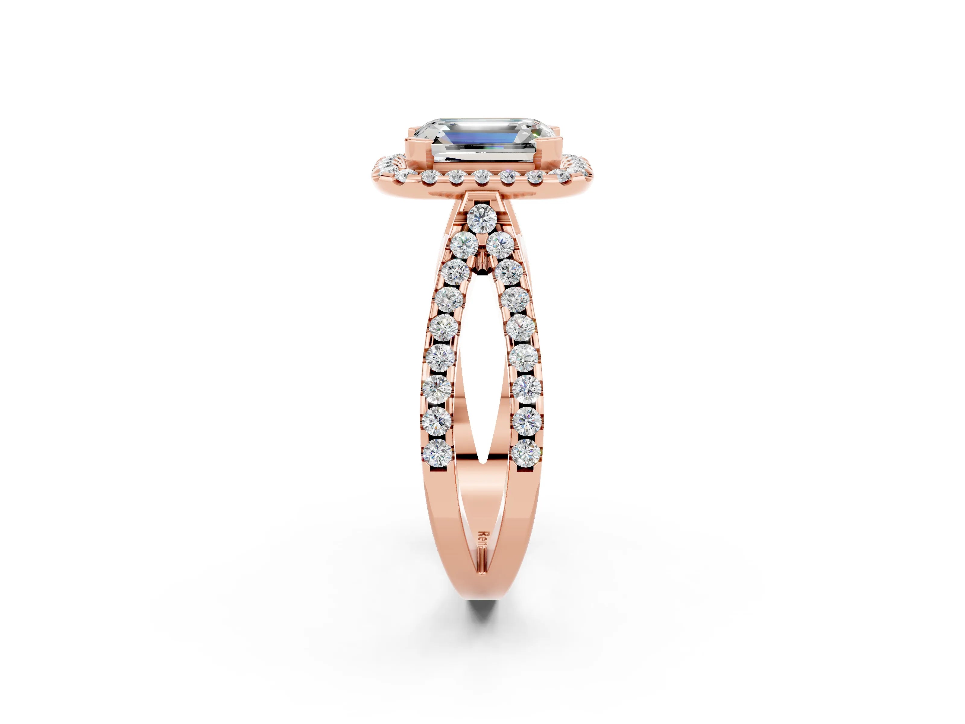 Rose gold Emerald Cut Moissanite Halo Ring with Split Shank Pavé Band and Prong Setting_2