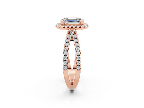 Rose gold Emerald Cut Moissanite Halo Ring with Split Shank Pavé Band and Prong Setting