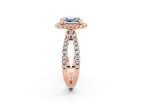 Rose gold Emerald Cut Moissanite Halo Ring with Split Shank Pavé Band and Prong Setting_2