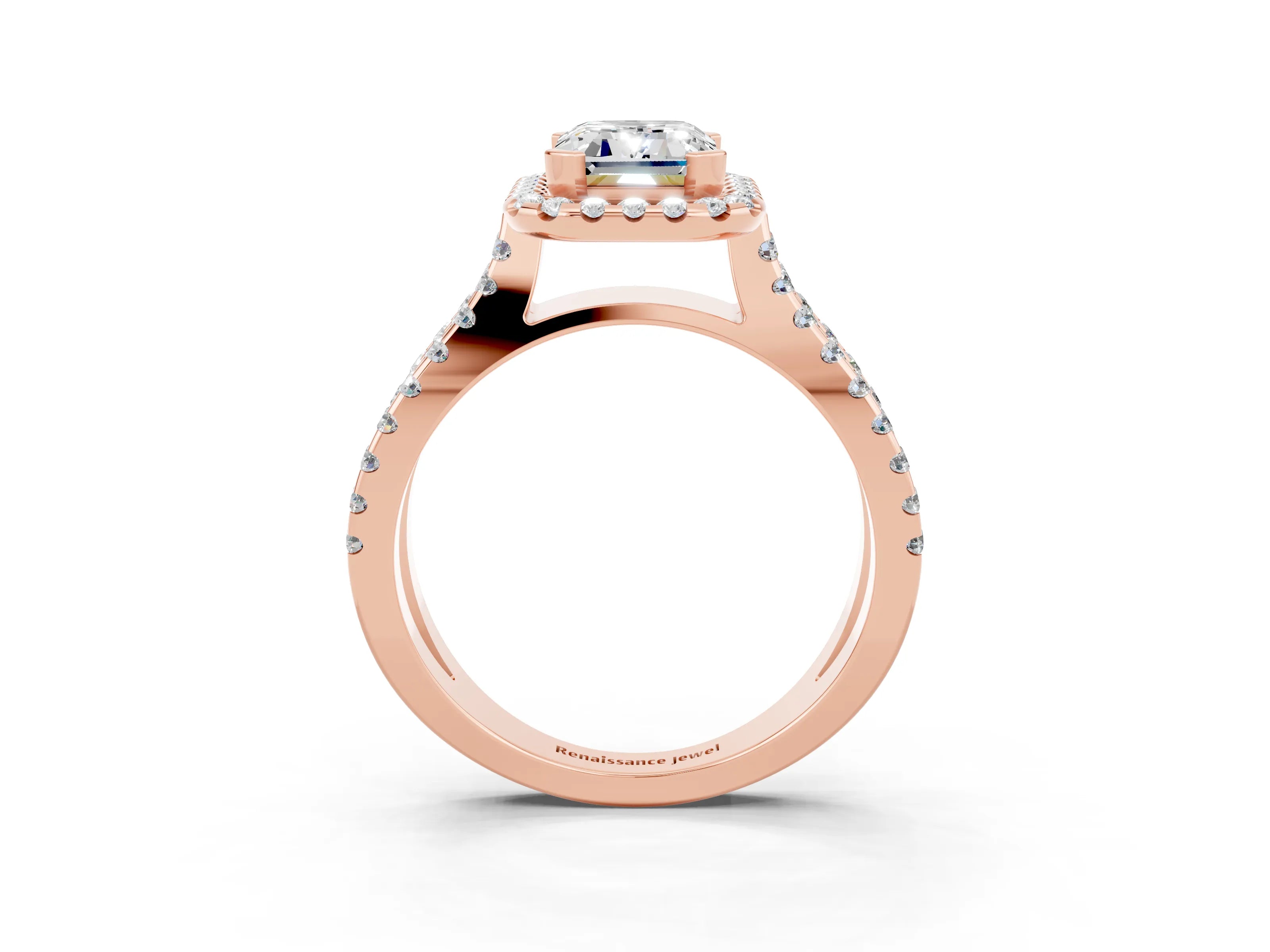 Rose gold Emerald Cut Moissanite Halo Ring with Split Shank Pavé Band and Prong Setting_3