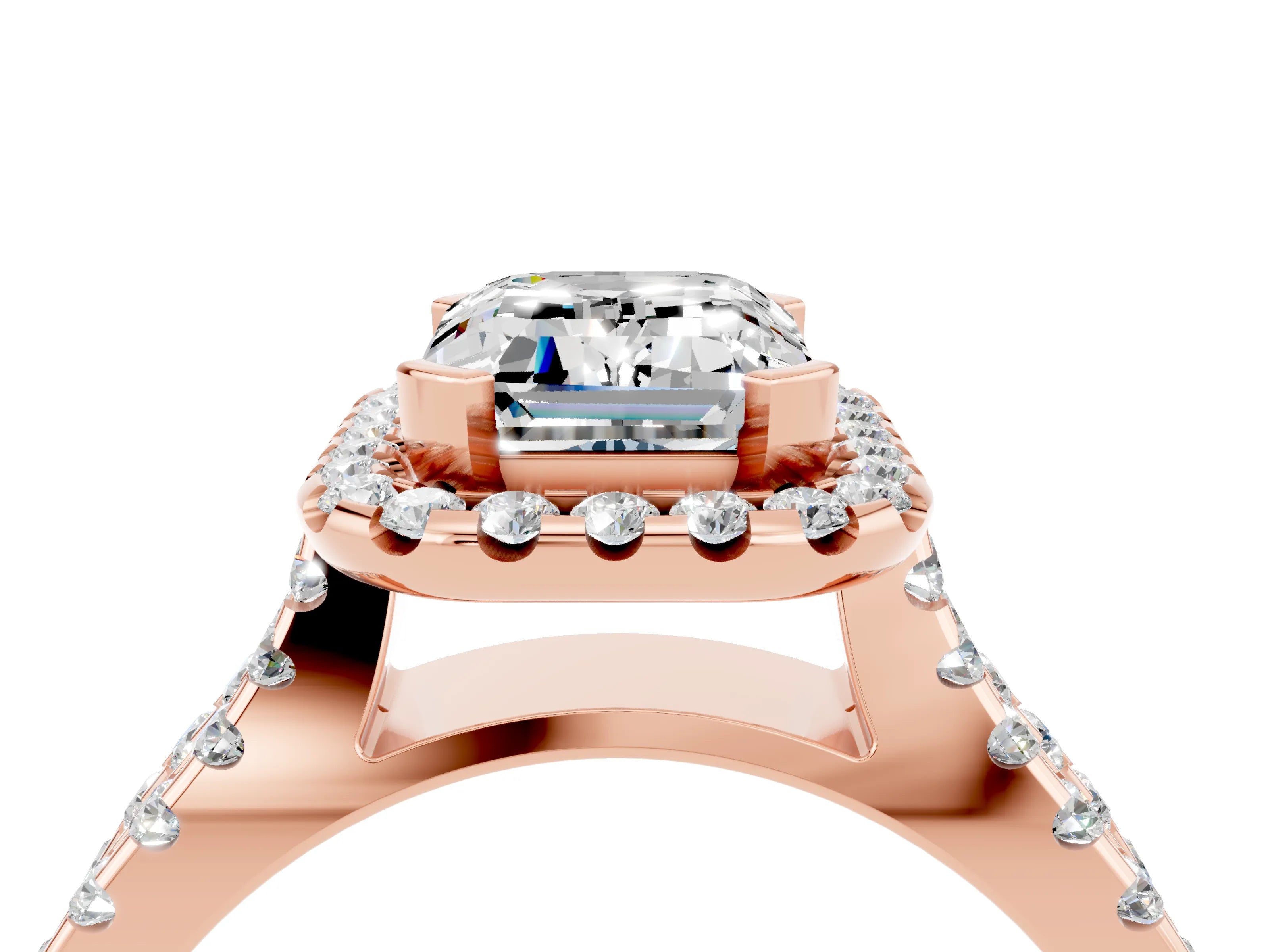 Rose gold Emerald Cut Moissanite Halo Ring with Split Shank Pavé Band and Prong Setting_4