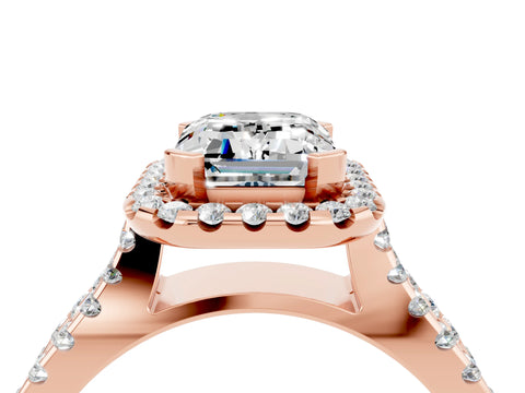 Rose gold Emerald Cut Moissanite Halo Ring with Split Shank Pavé Band and Prong Setting_4