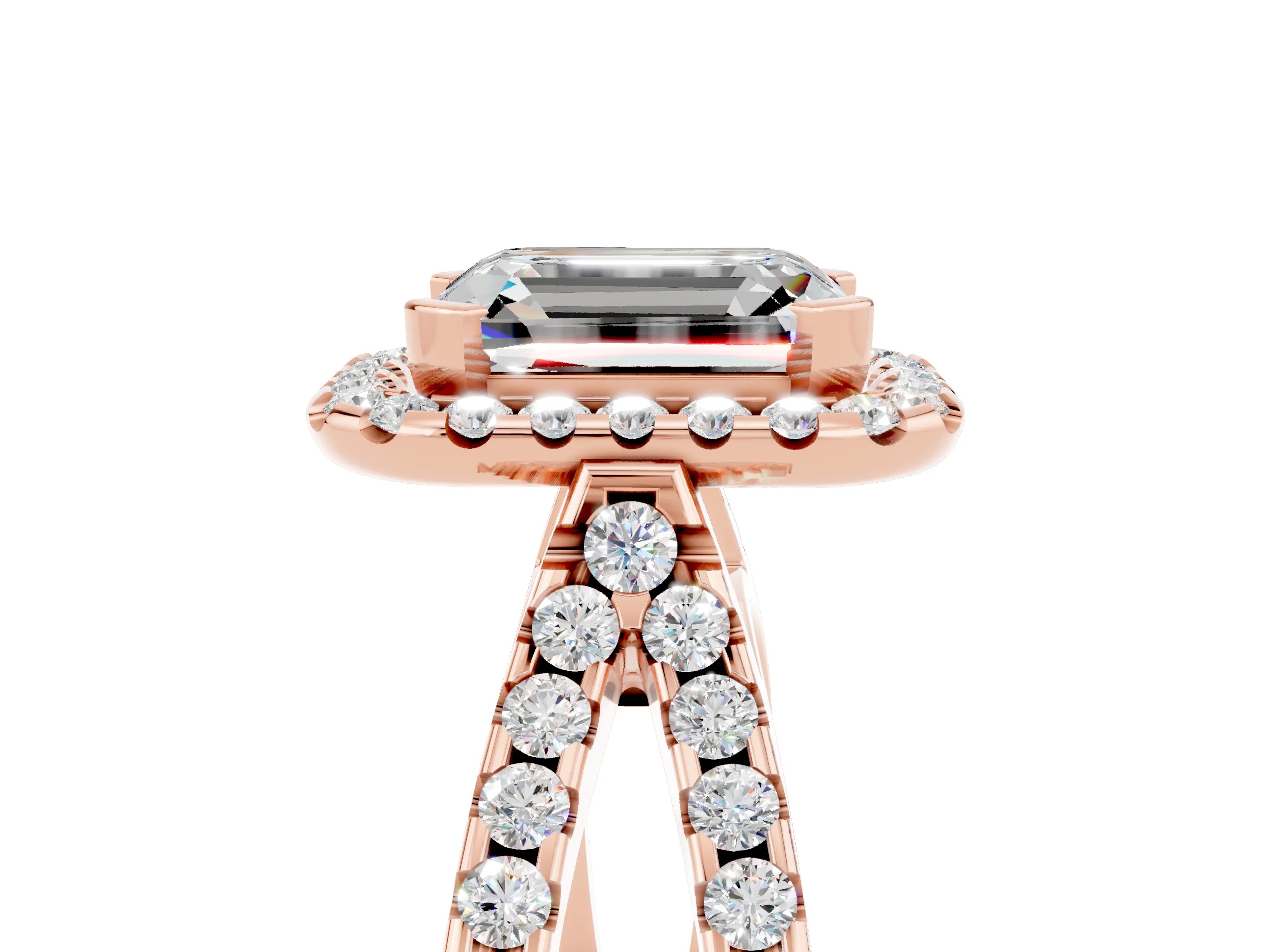 Rose gold Emerald Cut Moissanite Halo Ring with Split Shank Pavé Band and Prong Setting_5