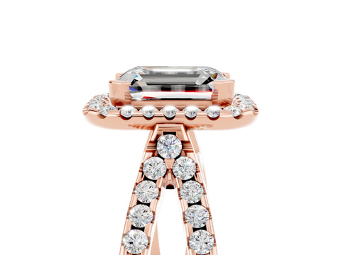 Rose gold Emerald Cut Moissanite Halo Ring with Split Shank Pavé Band and Prong Setting_5