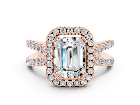 Rose gold Emerald Cut Moissanite Halo Ring with Split Shank Pavé Band and Prong Setting
