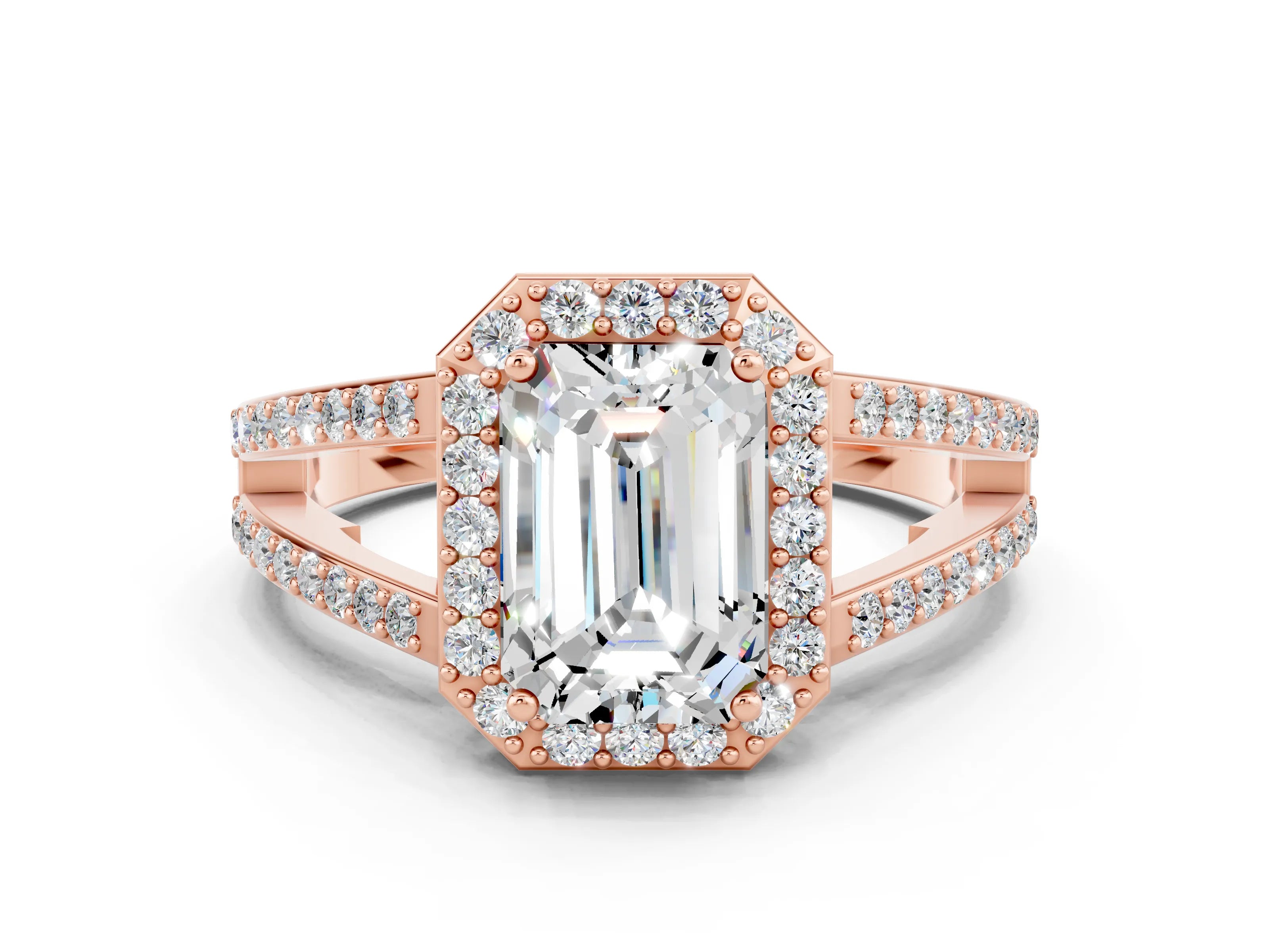 Rose gold Emerald Cut Moissanite Halo Ring with Split Shank U-Prong Band and Four-Prong Setting