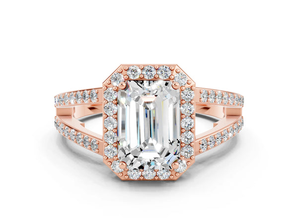 Rose gold Emerald Cut Moissanite Halo Ring with Split Shank U-Prong Band and Four-Prong Setting