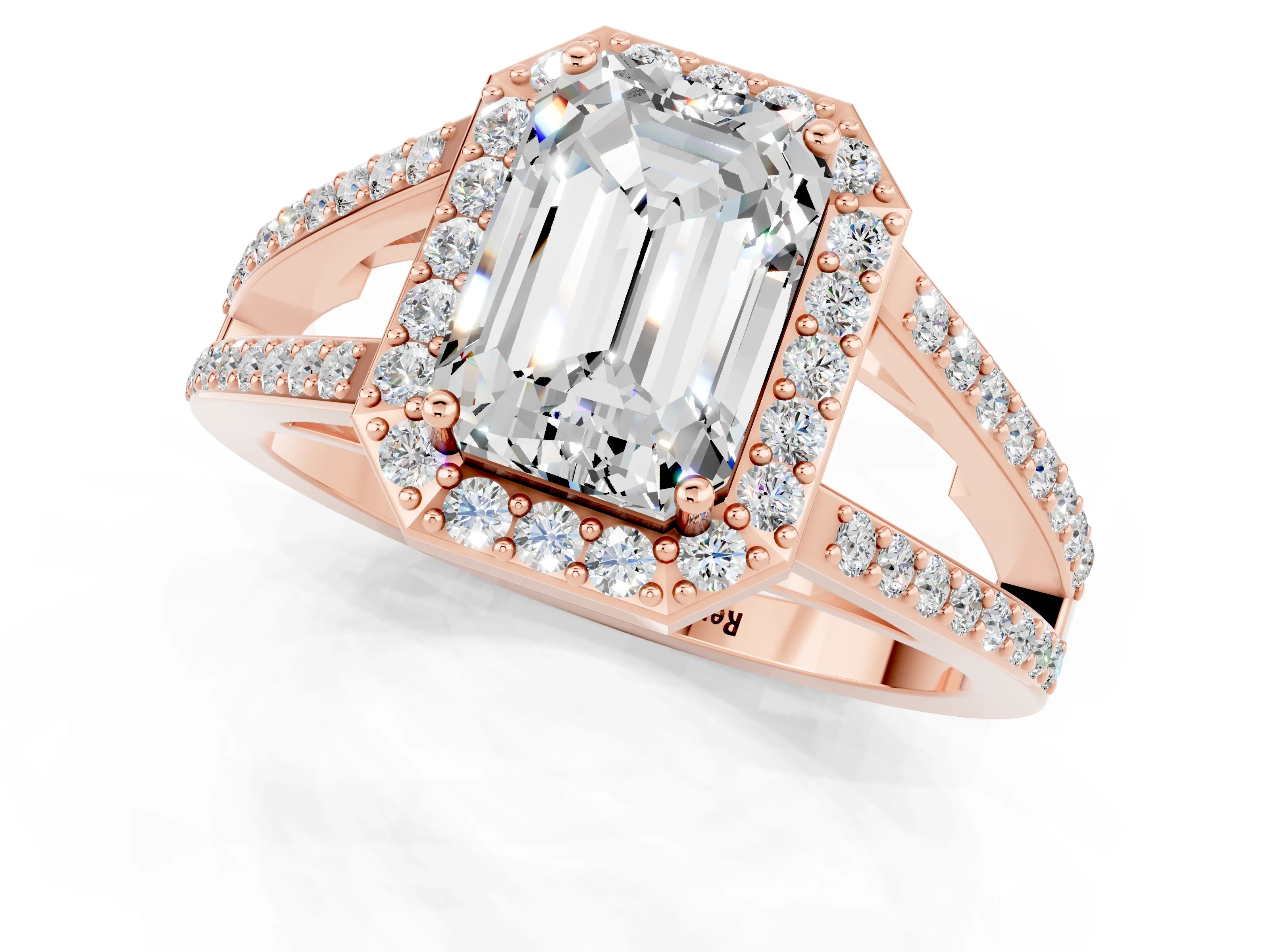 Rose gold Emerald Cut Moissanite Halo Ring with Split Shank U-Prong Band and Four-Prong Setting_1