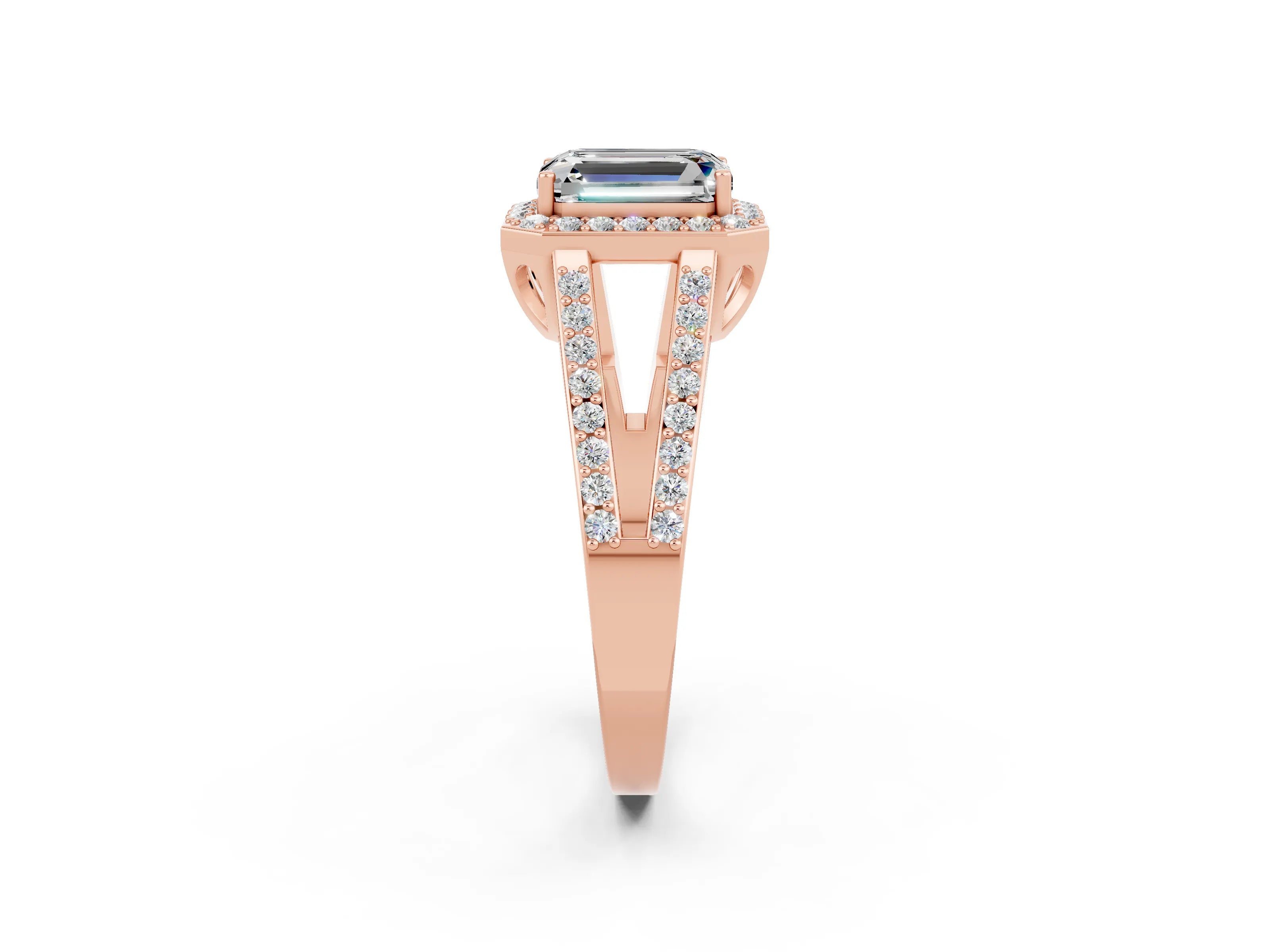Rose gold Emerald Cut Moissanite Halo Ring with Split Shank U-Prong Band and Four-Prong Setting_2