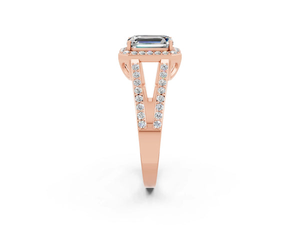 Rose gold Emerald Cut Moissanite Halo Ring with Split Shank U-Prong Band and Four-Prong Setting