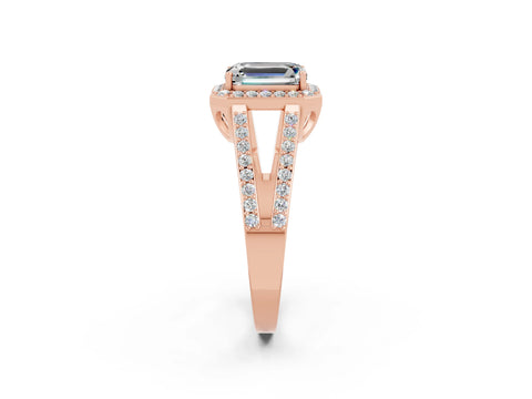 Rose gold Emerald Cut Moissanite Halo Ring with Split Shank U-Prong Band and Four-Prong Setting_2