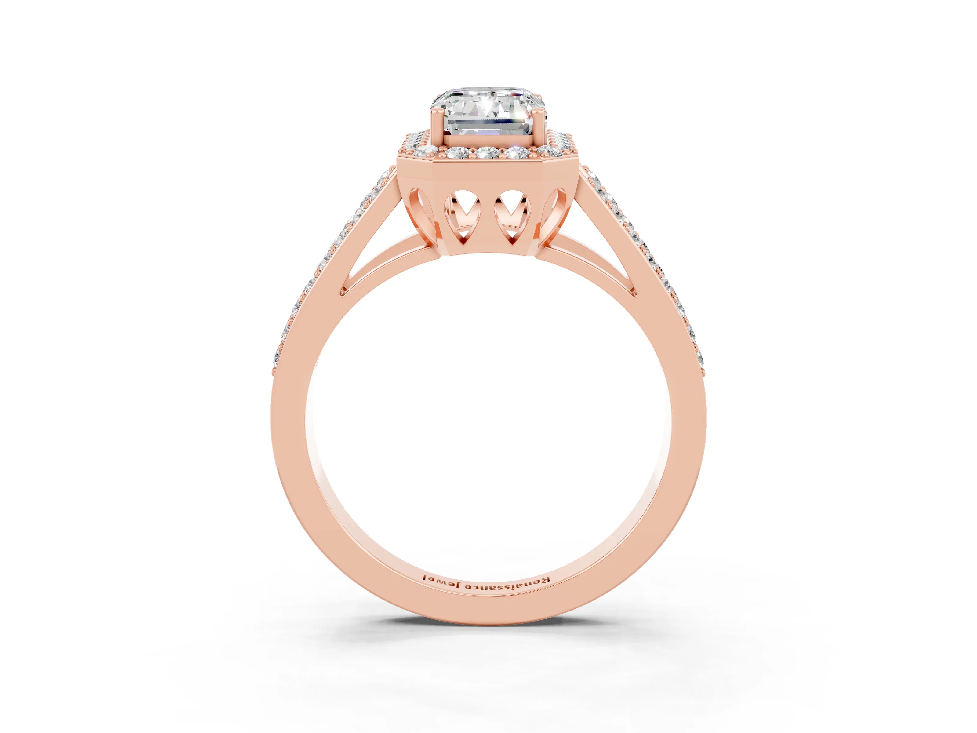 Rose gold Emerald Cut Moissanite Halo Ring with Split Shank U-Prong Band and Four-Prong Setting_3