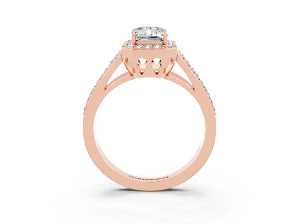 Rose gold Emerald Cut Moissanite Halo Ring with Split Shank U-Prong Band and Four-Prong Setting