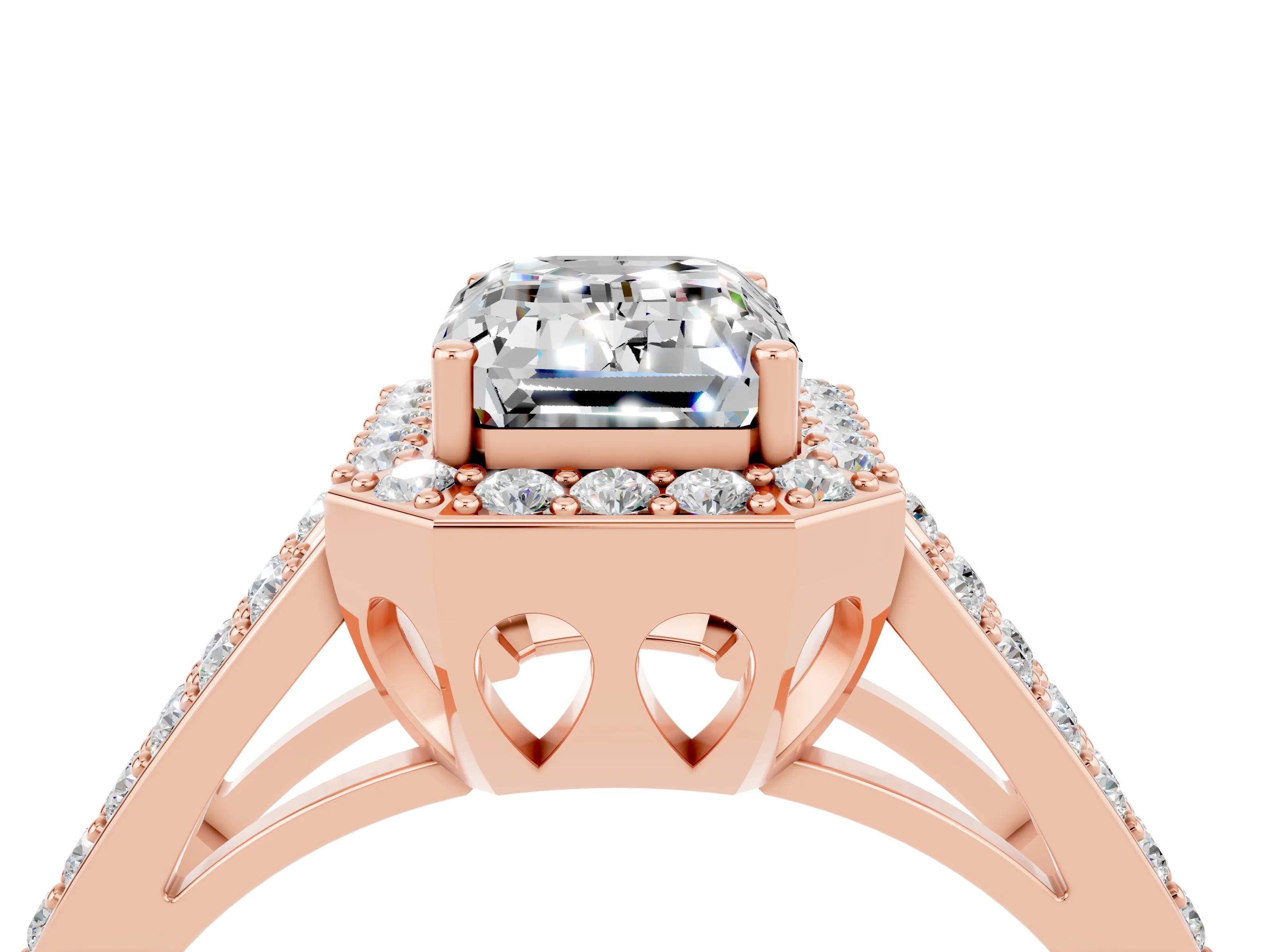 Rose gold Emerald Cut Moissanite Halo Ring with Split Shank U-Prong Band and Four-Prong Setting_4