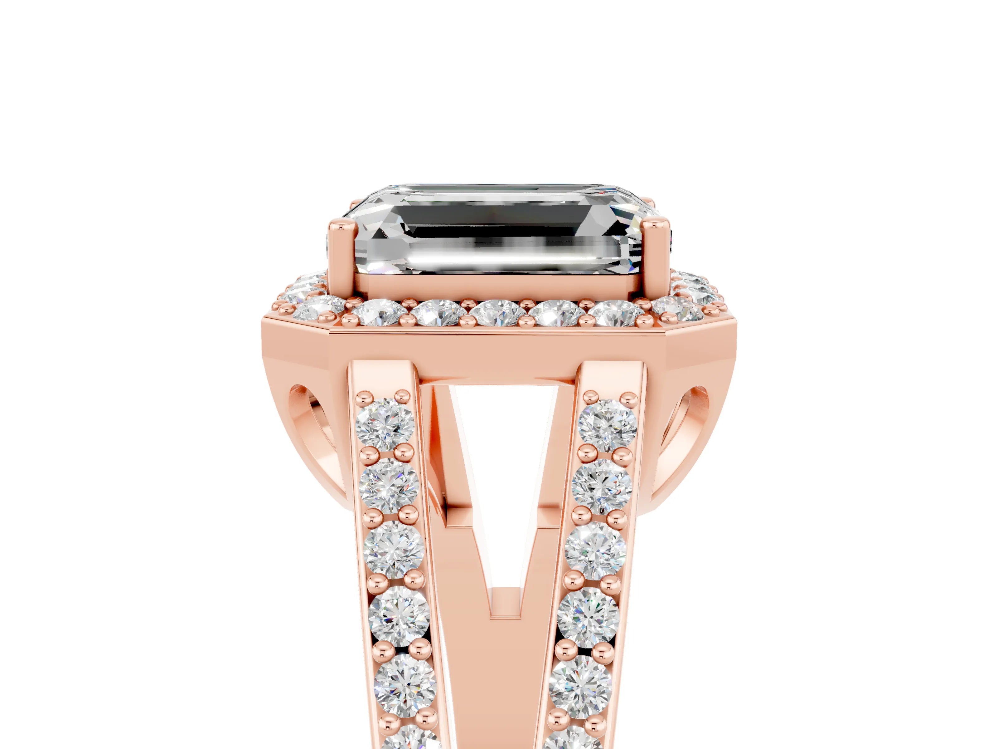 Rose gold Emerald Cut Moissanite Halo Ring with Split Shank U-Prong Band and Four-Prong Setting_5