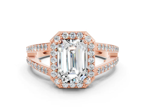 Rose gold Emerald Cut Moissanite Halo Ring with Split Shank U-Prong Band and Four-Prong Setting