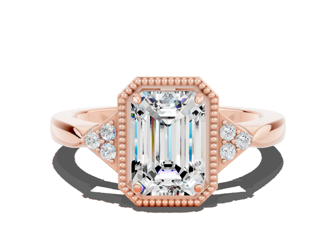 Rose gold Emerald Cut Moissanite Halo Ring with Tapered Band and Four-Prong Setting