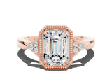 Rose gold Emerald Cut Moissanite Halo Ring with Tapered Band and Four-Prong Setting