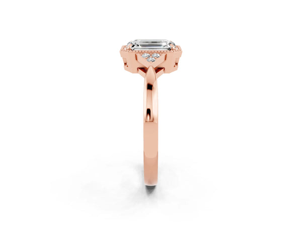 Rose gold Emerald Cut Moissanite Halo Ring with Tapered Band and Four-Prong Setting