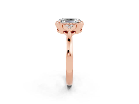Rose gold Emerald Cut Moissanite Halo Ring with Tapered Band and Four-Prong Setting_2
