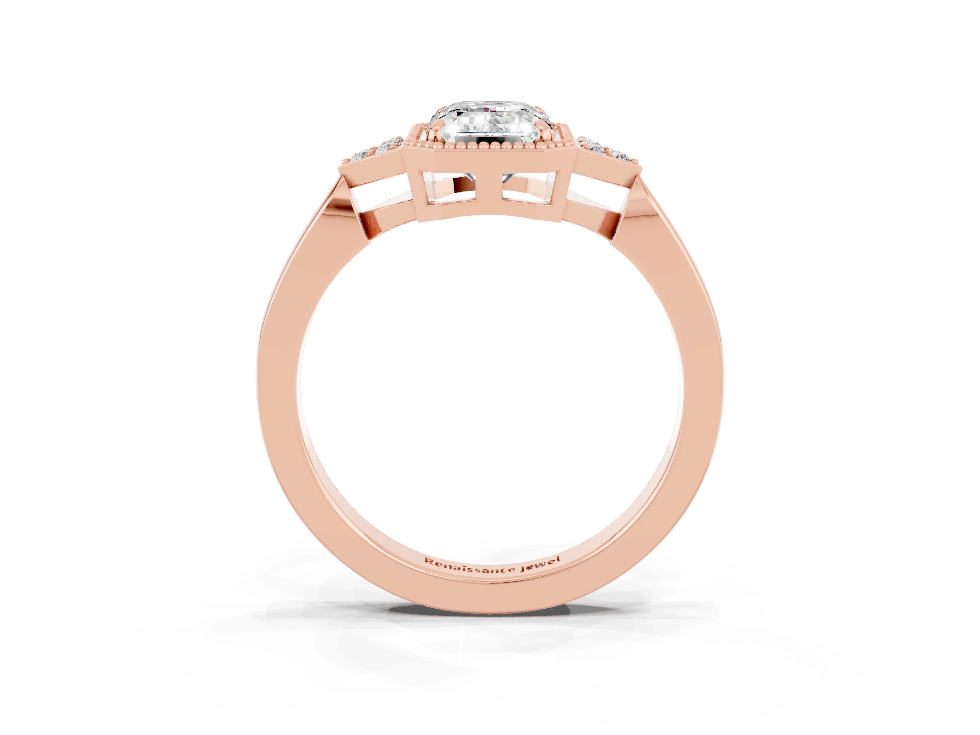 Rose gold Emerald Cut Moissanite Halo Ring with Tapered Band and Four-Prong Setting_3