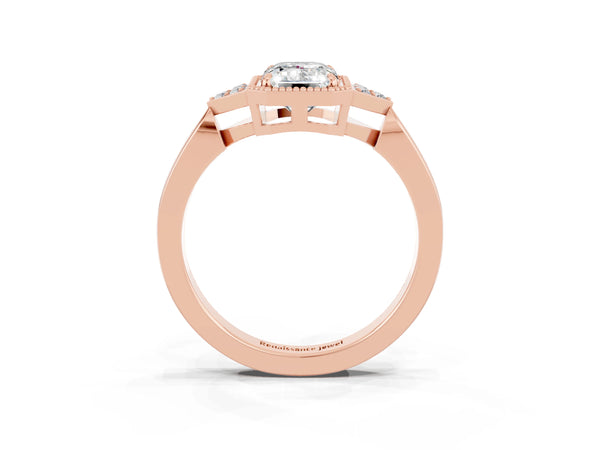 Rose gold Emerald Cut Moissanite Halo Ring with Tapered Band and Four-Prong Setting