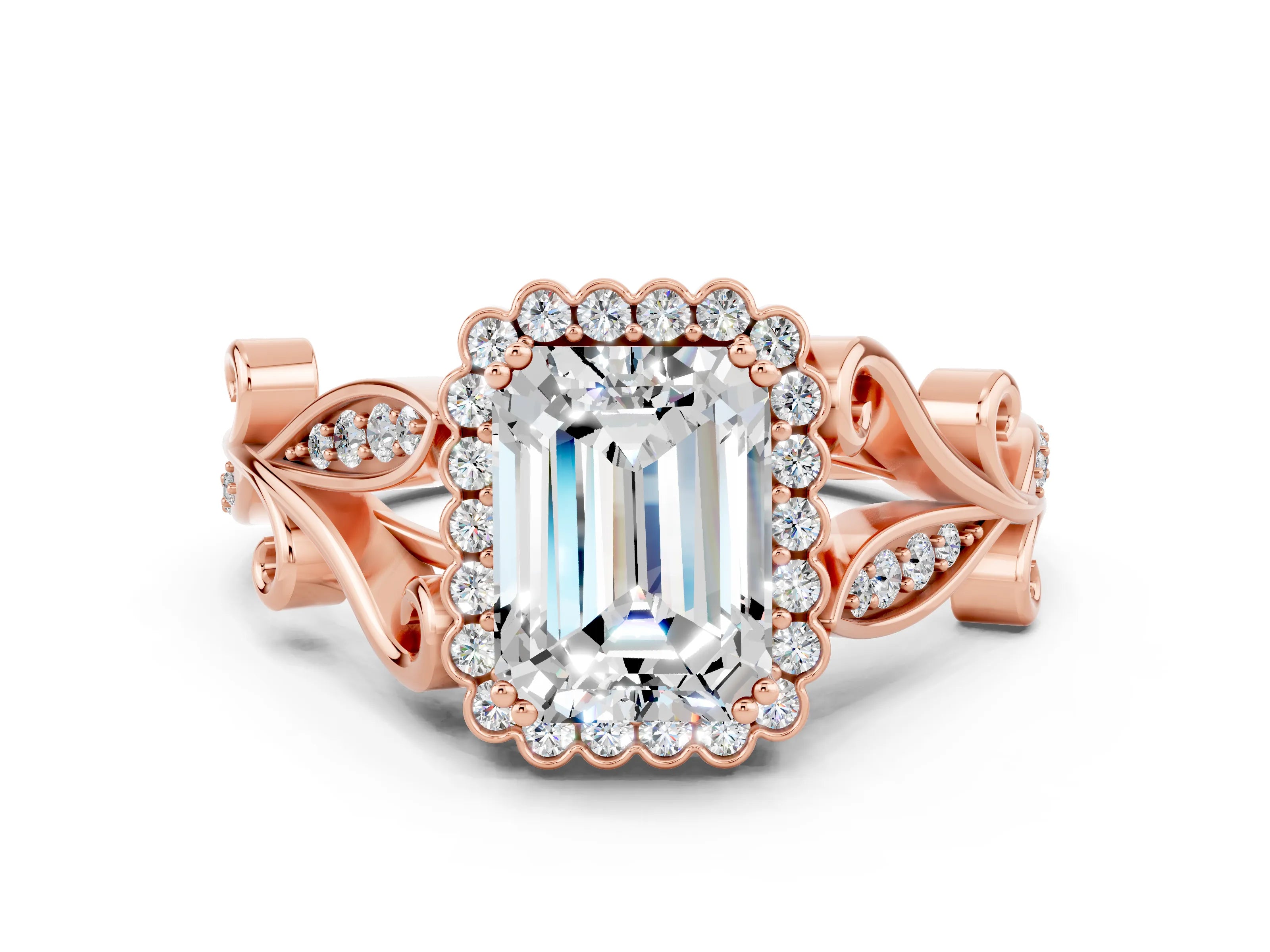 Rose gold Emerald Cut Moissanite Halo Ring with Vintage Split Shank and Four-Prong Setting