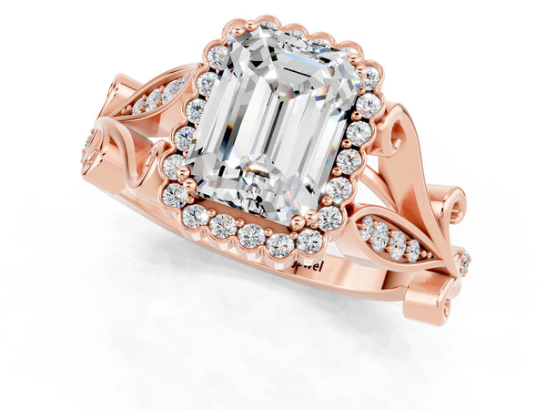 Rose gold Emerald Cut Moissanite Halo Ring with Vintage Split Shank and Four-Prong Setting