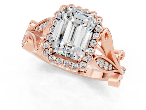 Rose gold Emerald Cut Moissanite Halo Ring with Vintage Split Shank and Four-Prong Setting_1