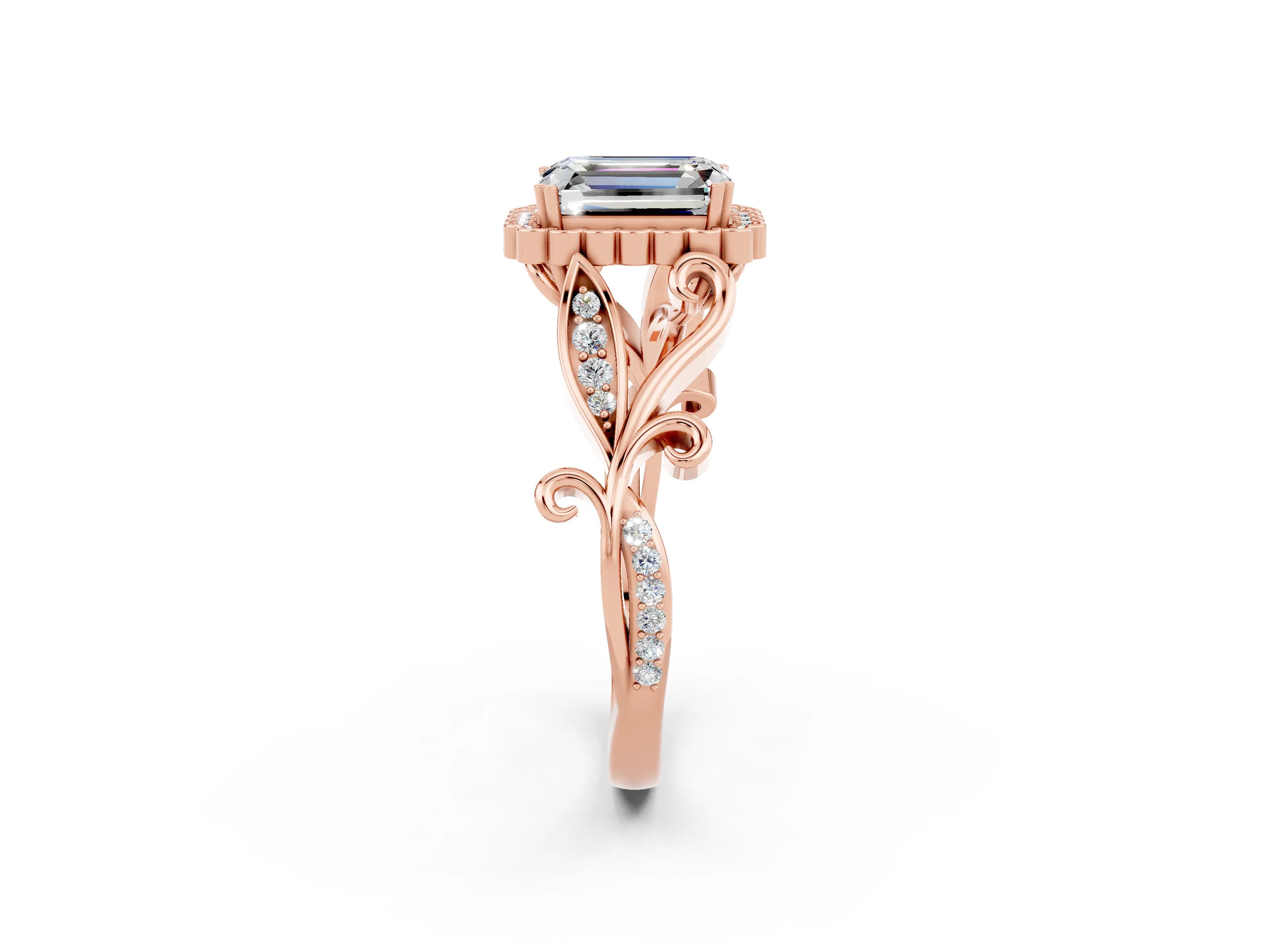 Rose gold Emerald Cut Moissanite Halo Ring with Vintage Split Shank and Four-Prong Setting_2