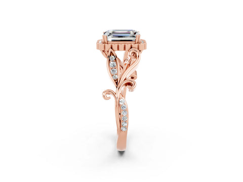 Rose gold Emerald Cut Moissanite Halo Ring with Vintage Split Shank and Four-Prong Setting_2