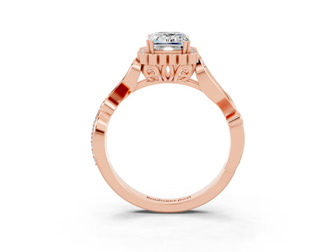 Rose gold Emerald Cut Moissanite Halo Ring with Vintage Split Shank and Four-Prong Setting_3