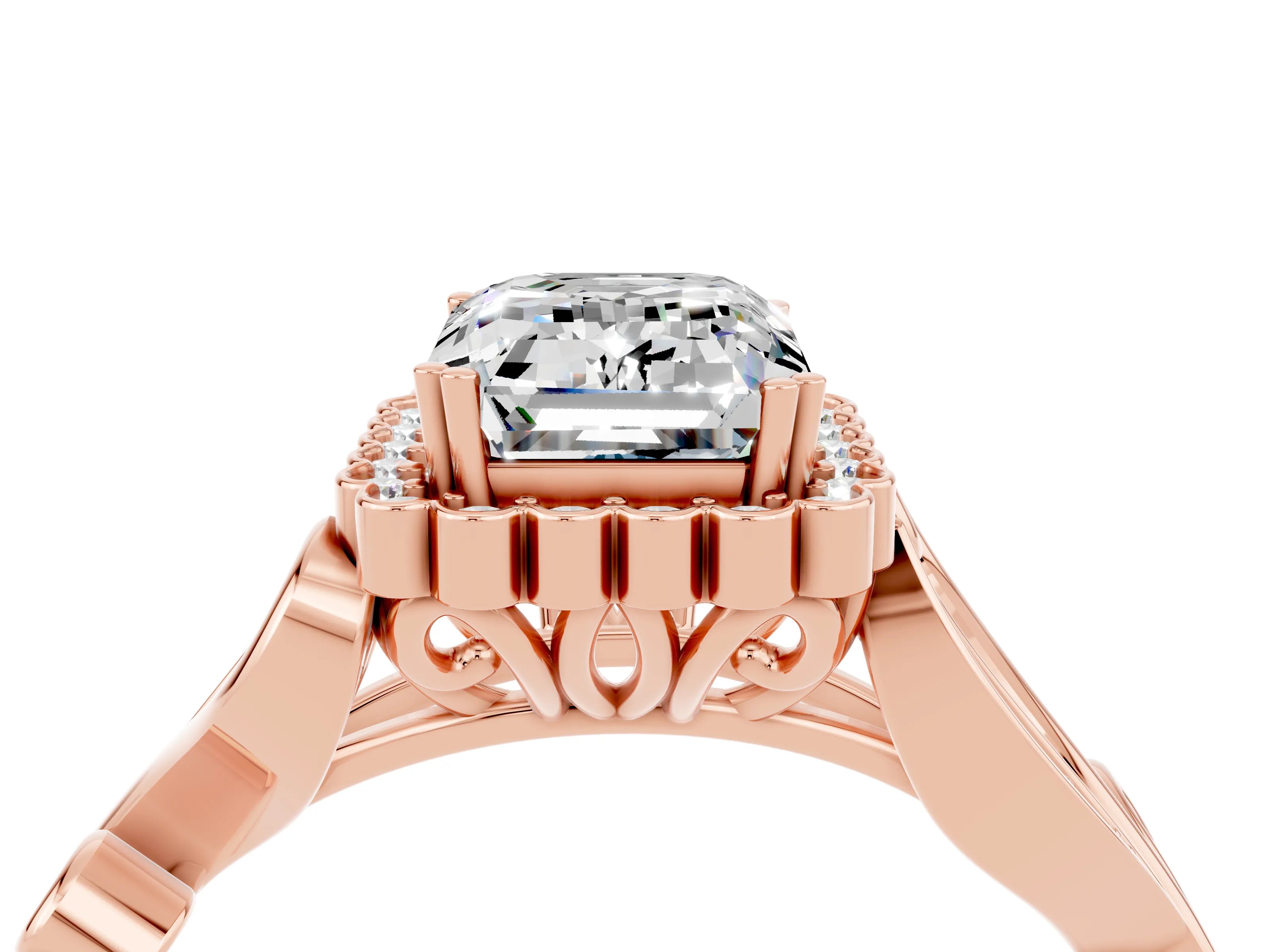 Rose gold Emerald Cut Moissanite Halo Ring with Vintage Split Shank and Four-Prong Setting_4