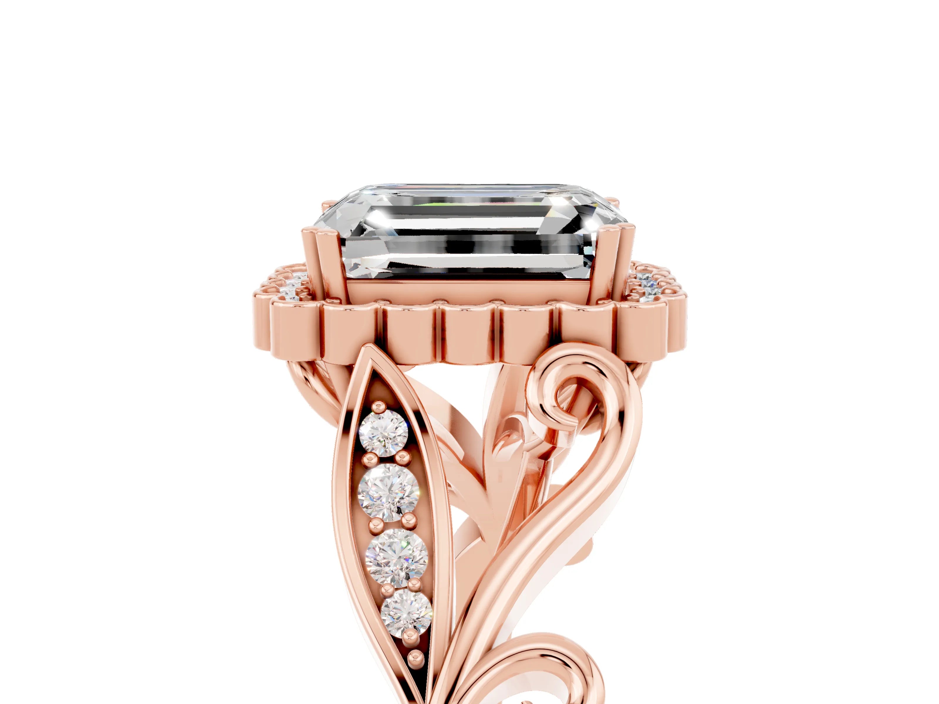 Rose gold Emerald Cut Moissanite Halo Ring with Vintage Split Shank and Four-Prong Setting_5