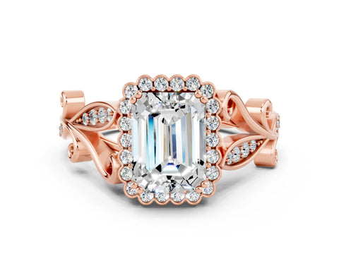 Rose gold Emerald Cut Moissanite Halo Ring with Vintage Split Shank and Four-Prong Setting