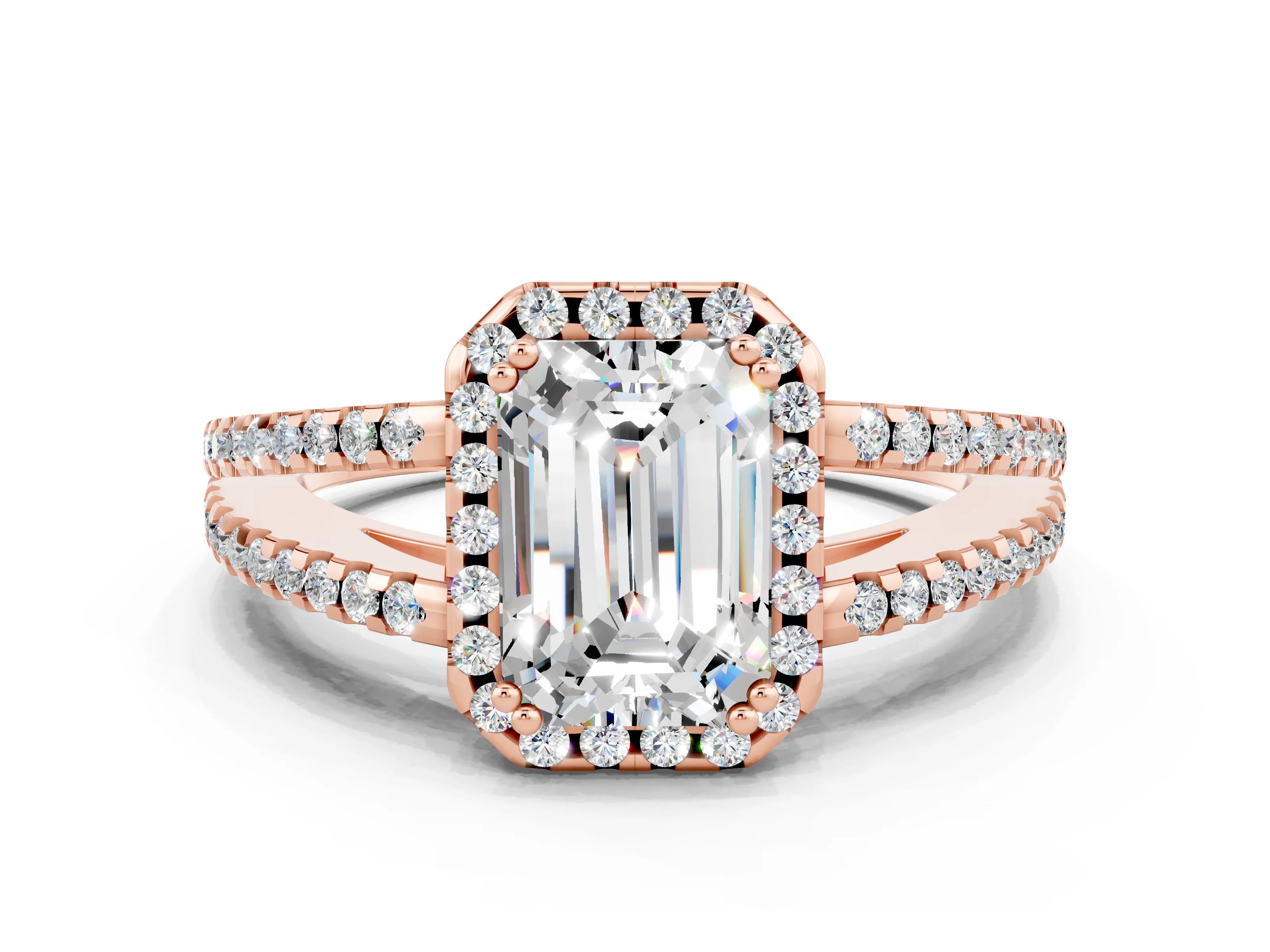 Rose gold Emerald Cut Moissanite Halo Split Shank Engagement Ring_12