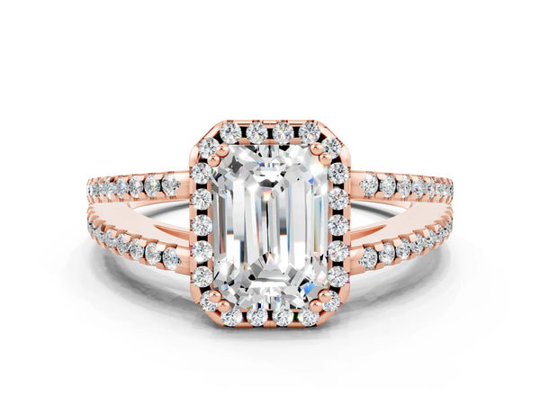 Rose gold Emerald Cut Moissanite Halo Split Shank Engagement Ring