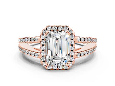 Rose gold Emerald Cut Moissanite Halo Split Shank Engagement Ring_12