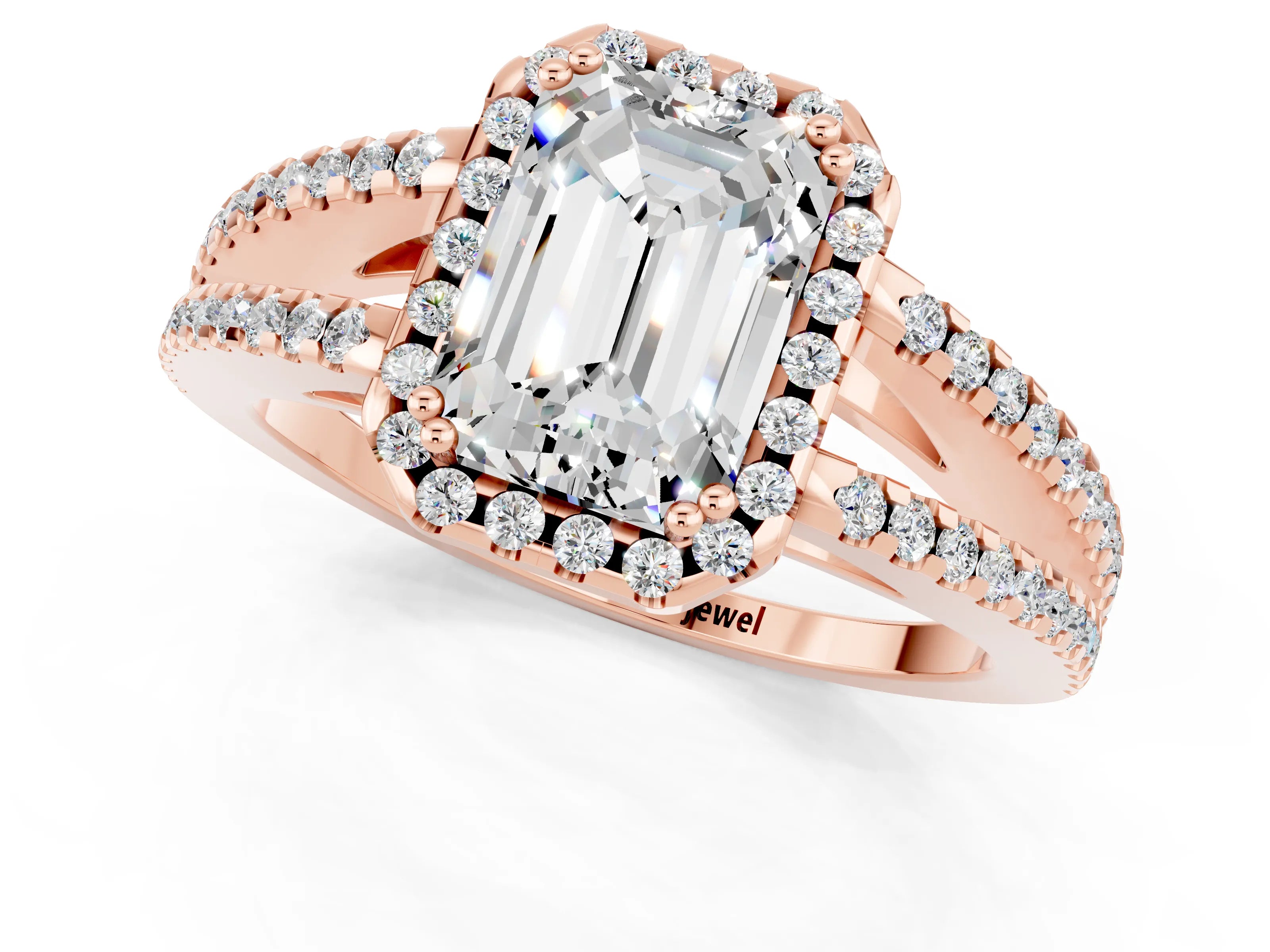 Rose gold Emerald Cut Moissanite Halo Split Shank Engagement Ring_13