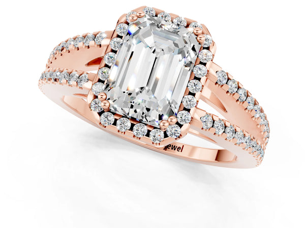 Rose gold Emerald Cut Moissanite Halo Split Shank Engagement Ring