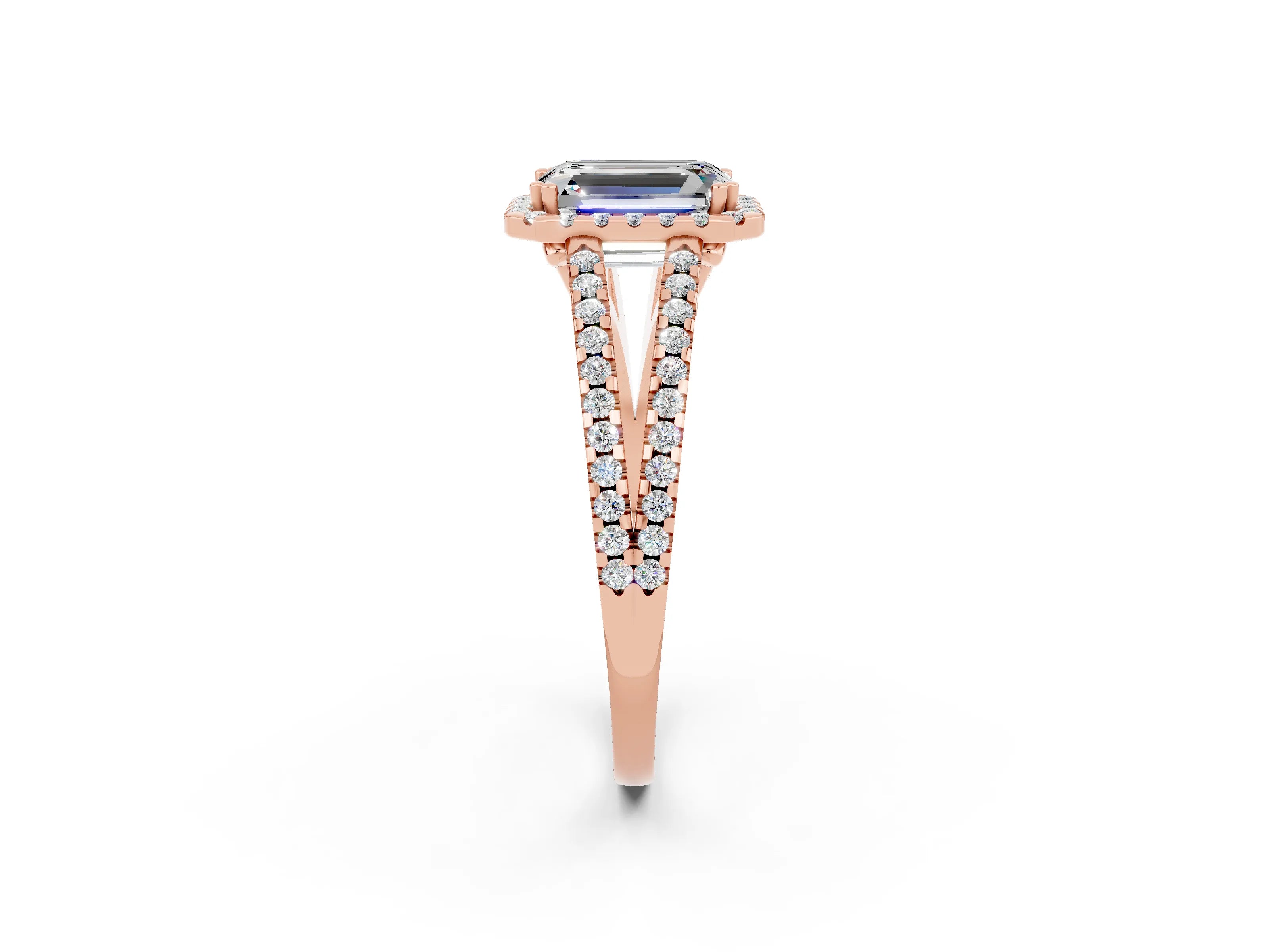 Rose gold Emerald Cut Moissanite Halo Split Shank Engagement Ring_14